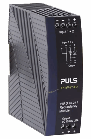 Módulo redundante PULS PIRD20.241 de 24 V y 20 A para sistemas de alimentación en paralelo.