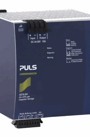 Módulo UPS PULS UC10.241 de 24V y 15A con ultracapacitores para respaldo de energía.
