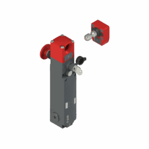 Interruptor de seguridad PIZZATO NG 2D6D411A-F31 con carcasa metálica, tres entradas roscadas M20x1,5, cabeza giratoria y dispositivo de liberación con pulsador de escape.