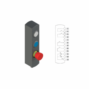 Unidad de mando PIZZATO BN AC3ZA02 con tres dispositivos de control integrados, diseñada para sistemas industriales con funciones de arranque, parada y emergencia.