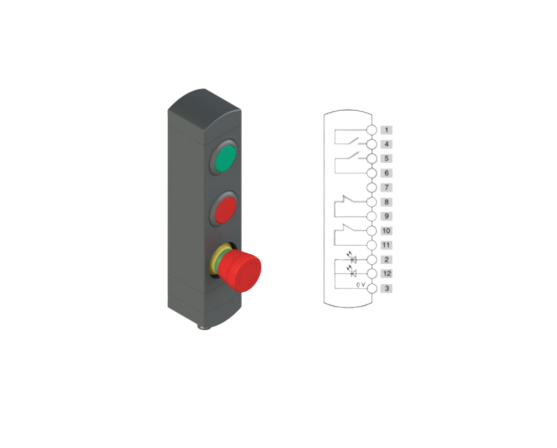 Unidad de mando PIZZATO BN AC3ZA38 con tres dispositivos de control integrados, diseñada para aplicaciones industriales que requieren controles de arranque, parada y emergencia.